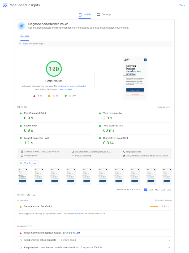 JVP Design sample site PageSpeed Insights results