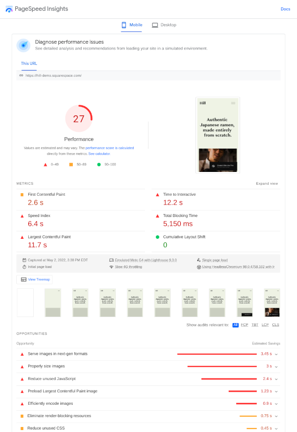 SquareSpace sample site PageSpeed Insights results